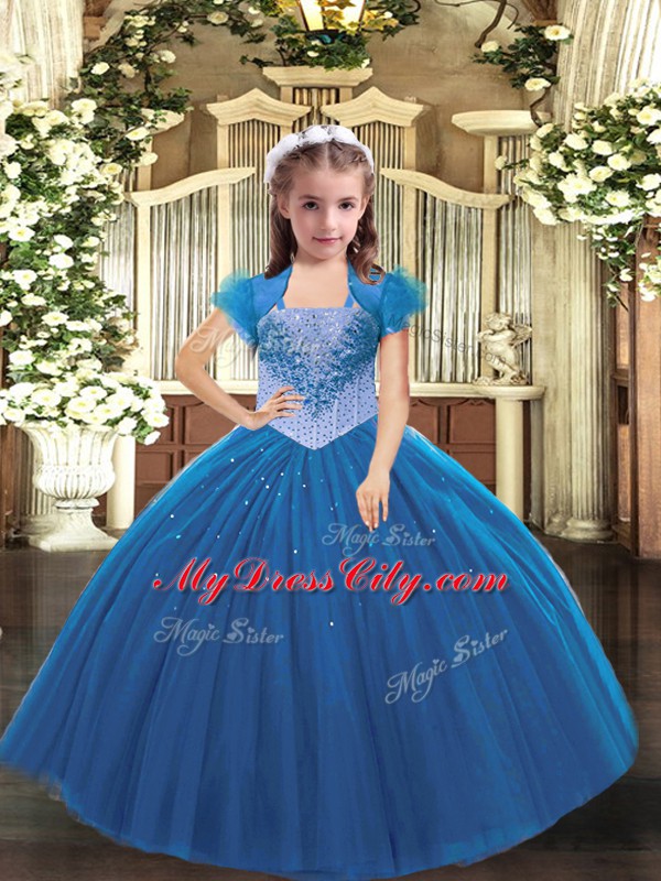 Popular Blue Ball Gowns Straps Sleeveless Tulle Floor Length Lace Up Beading Little Girls Pageant Dress