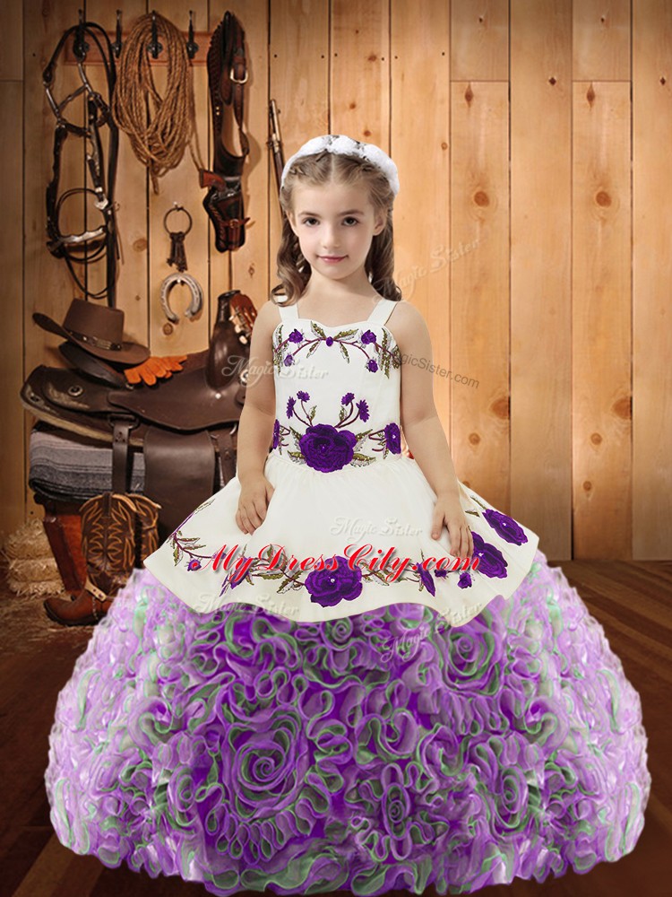 Floor Length Multi-color Winning Pageant Gowns Fabric With Rolling Flowers Sleeveless Embroidery and Ruffles