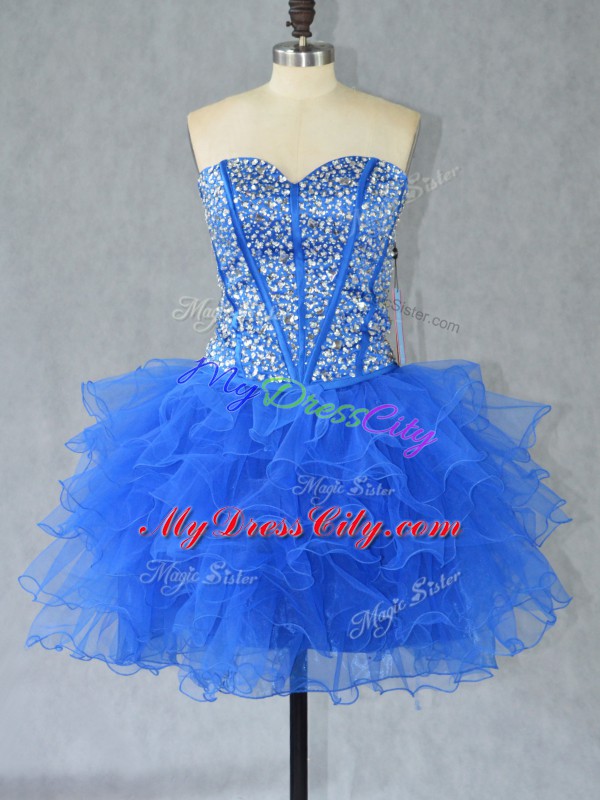 Cute Blue Lace Up Sweetheart Beading and Ruffles Homecoming Dress Organza Sleeveless