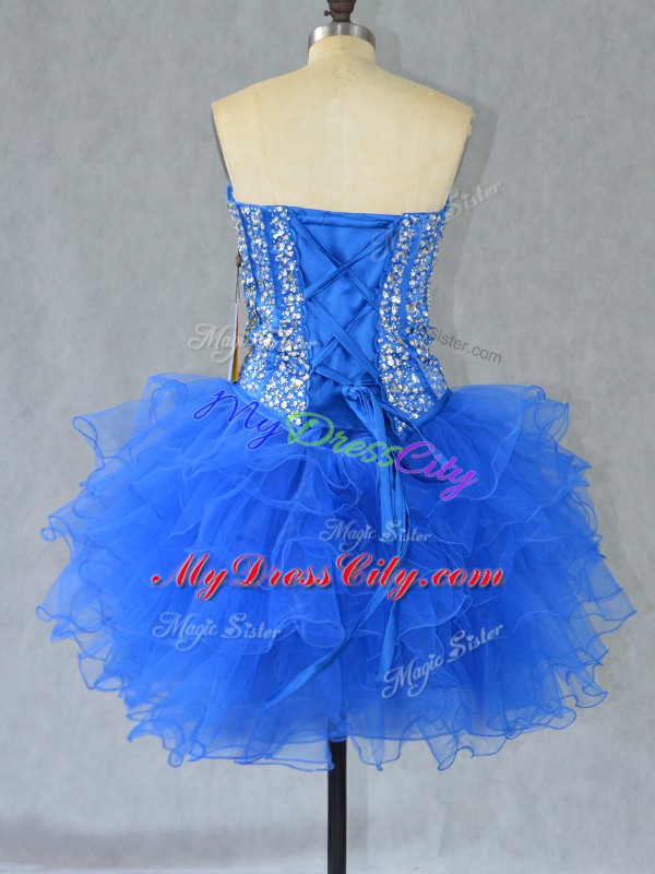 Cute Blue Lace Up Sweetheart Beading and Ruffles Homecoming Dress Organza Sleeveless