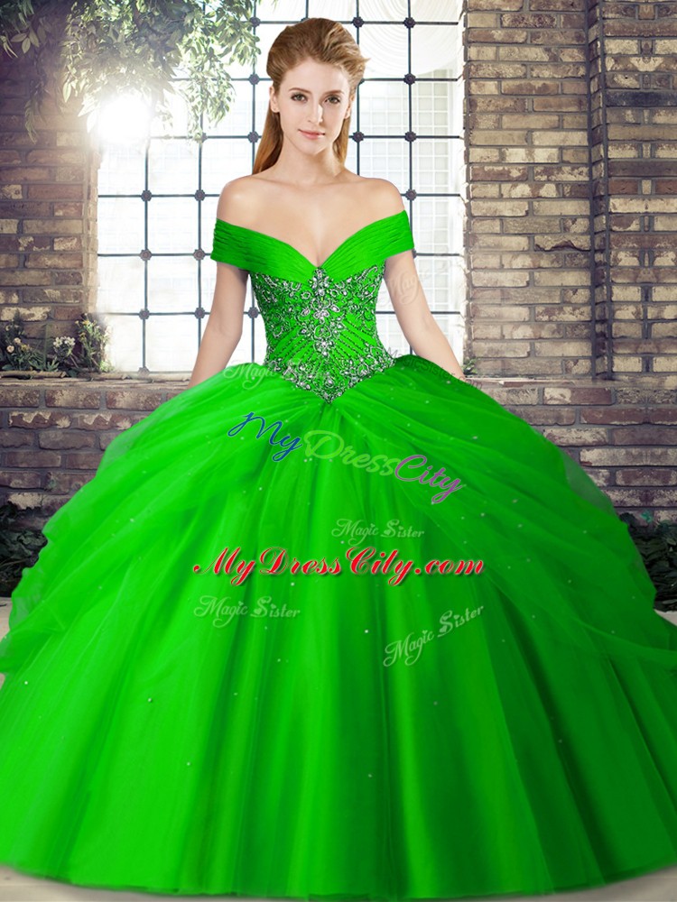 New Arrival Tulle Sleeveless Quinceanera Gowns Brush Train and Beading and Pick Ups