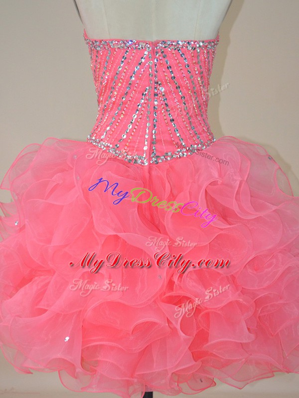 Pink Ball Gowns Beading and Ruffles Evening Dress Zipper Organza Sleeveless Mini Length
