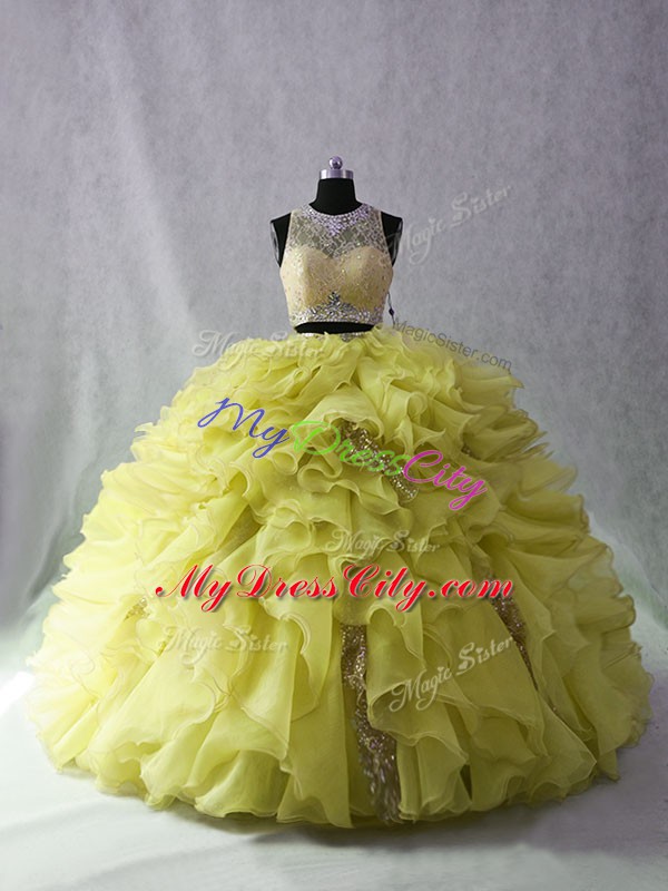 Yellow Green Organza and Sequined Zipper Ball Gown Prom Dress Sleeveless Brush Train Beading and Ruffles