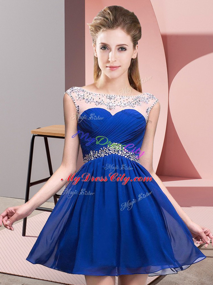 Fabulous Taffeta Scoop Sleeveless Backless Beading and Ruching Prom Dress in Royal Blue