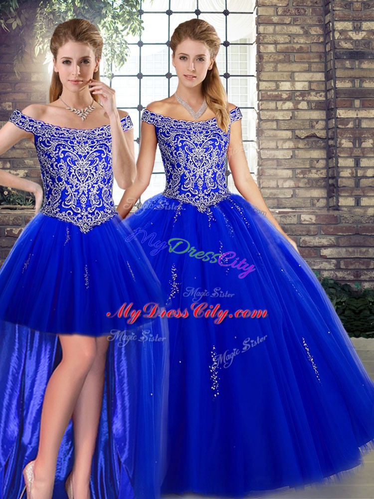 Cute Floor Length Royal Blue Quinceanera Gown Off The Shoulder Sleeveless Lace Up