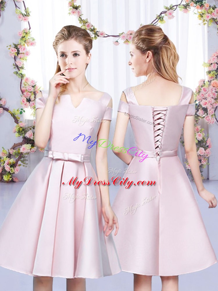 Mini Length Lace Up Dama Dress for Quinceanera Baby Pink for Wedding Party with Bowknot