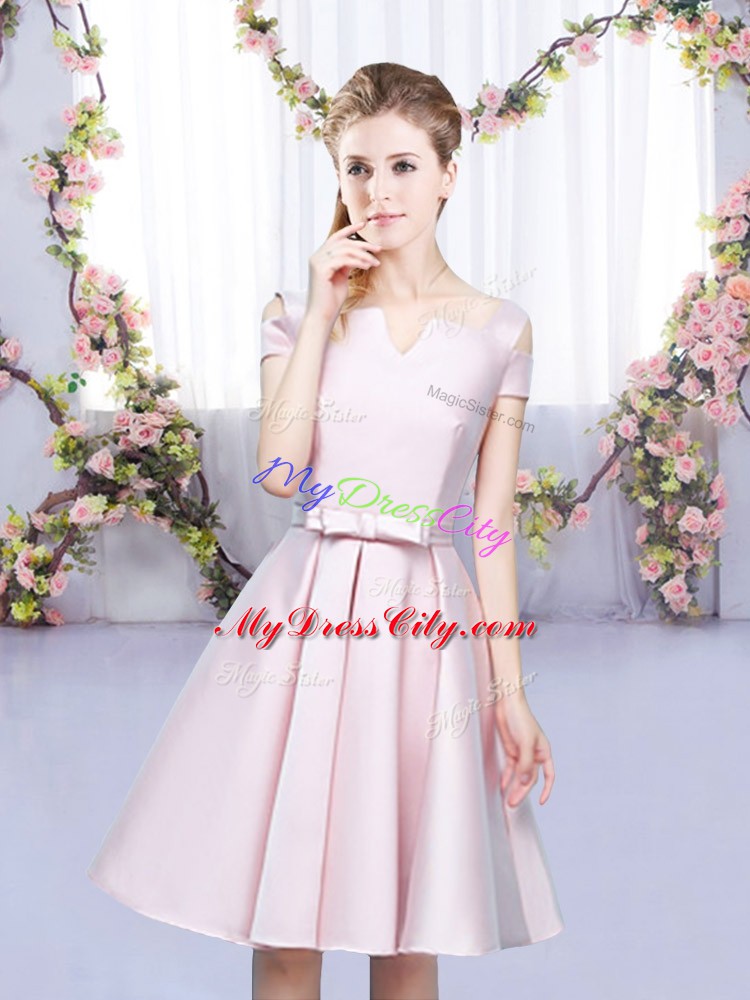 Mini Length Lace Up Dama Dress for Quinceanera Baby Pink for Wedding Party with Bowknot
