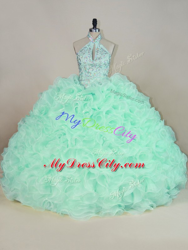 Shining Apple Green Fabric With Rolling Flowers Lace Up Halter Top Sleeveless Quince Ball Gowns Brush Train Beading and Ruffles