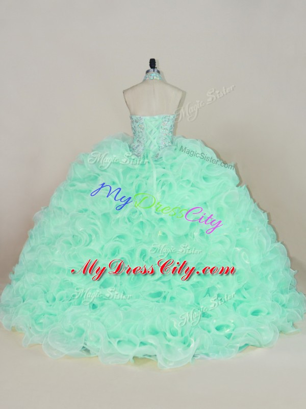 Shining Apple Green Fabric With Rolling Flowers Lace Up Halter Top Sleeveless Quince Ball Gowns Brush Train Beading and Ruffles
