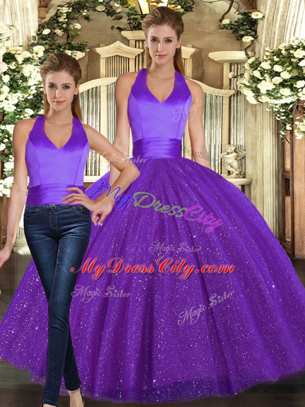 Floor Length Purple Vestidos de Quinceanera Sequined Sleeveless Ruching