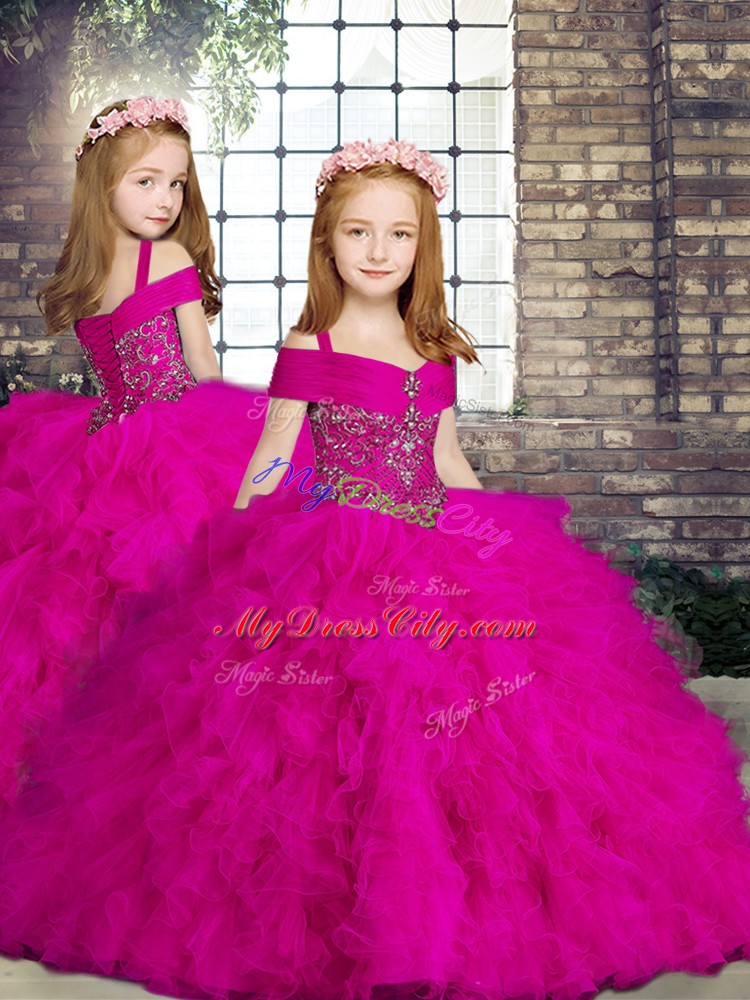 Exquisite Fuchsia Lace Up Straps Beading and Ruffles Pageant Gowns Tulle Sleeveless
