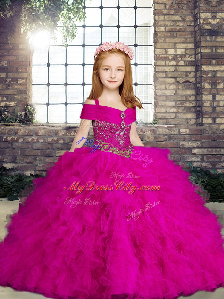 Exquisite Fuchsia Lace Up Straps Beading and Ruffles Pageant Gowns Tulle Sleeveless