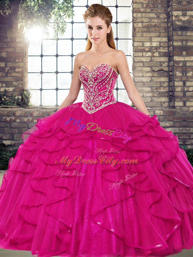 Eye-catching Sleeveless Floor Length Beading and Ruffles Lace Up Quince Ball Gowns with Fuchsia