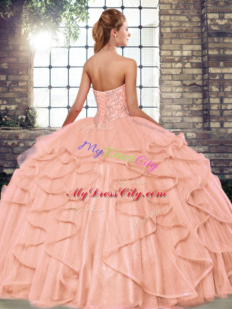 Eye-catching Sleeveless Floor Length Beading and Ruffles Lace Up Quince Ball Gowns with Fuchsia