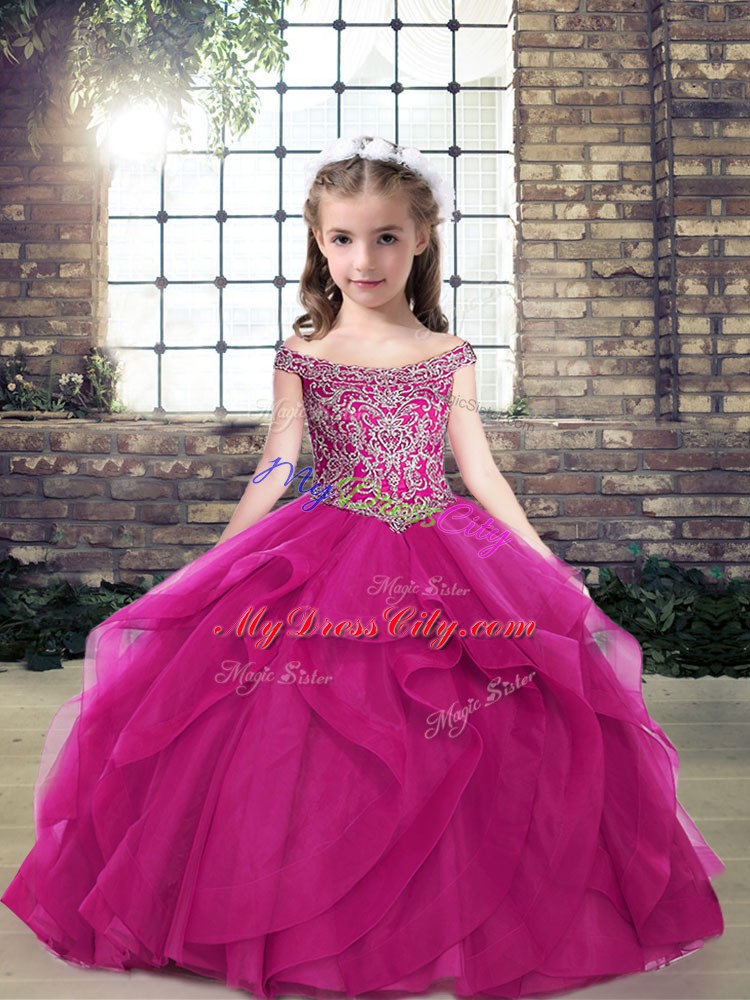 Hot Selling Fuchsia Lace Up Winning Pageant Gowns Beading and Ruffles Sleeveless Floor Length