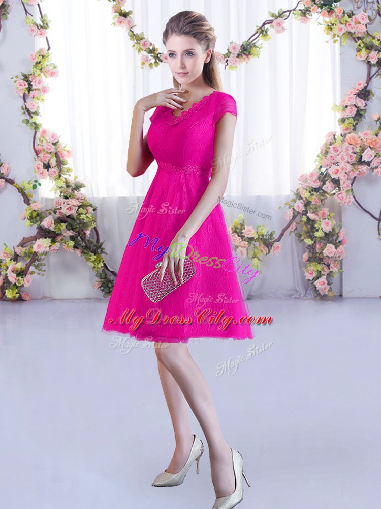 Lovely V-neck Cap Sleeves Lace Up Dama Dress for Quinceanera Hot Pink Lace