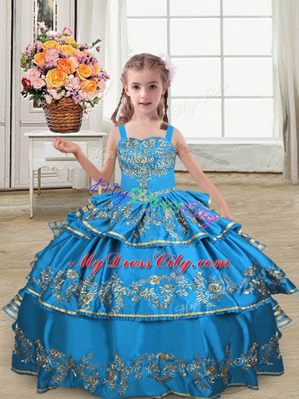Excellent Blue Satin Lace Up Straps Sleeveless Floor Length Winning Pageant Gowns Embroidery and Ruffled Layers