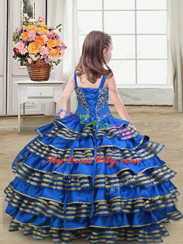 Excellent Blue Satin Lace Up Straps Sleeveless Floor Length Winning Pageant Gowns Embroidery and Ruffled Layers
