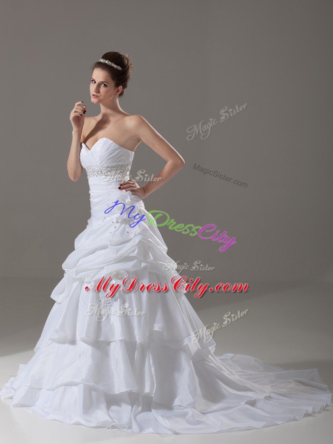 Hot Sale White Wedding Dresses Wedding Party with Beading and Pick Ups and Hand Made Flower Sweetheart Sleeveless Brush Train Lace Up