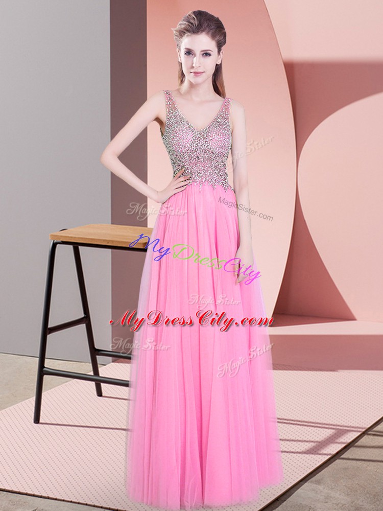 Extravagant V-neck Sleeveless Zipper Prom Party Dress Rose Pink Tulle
