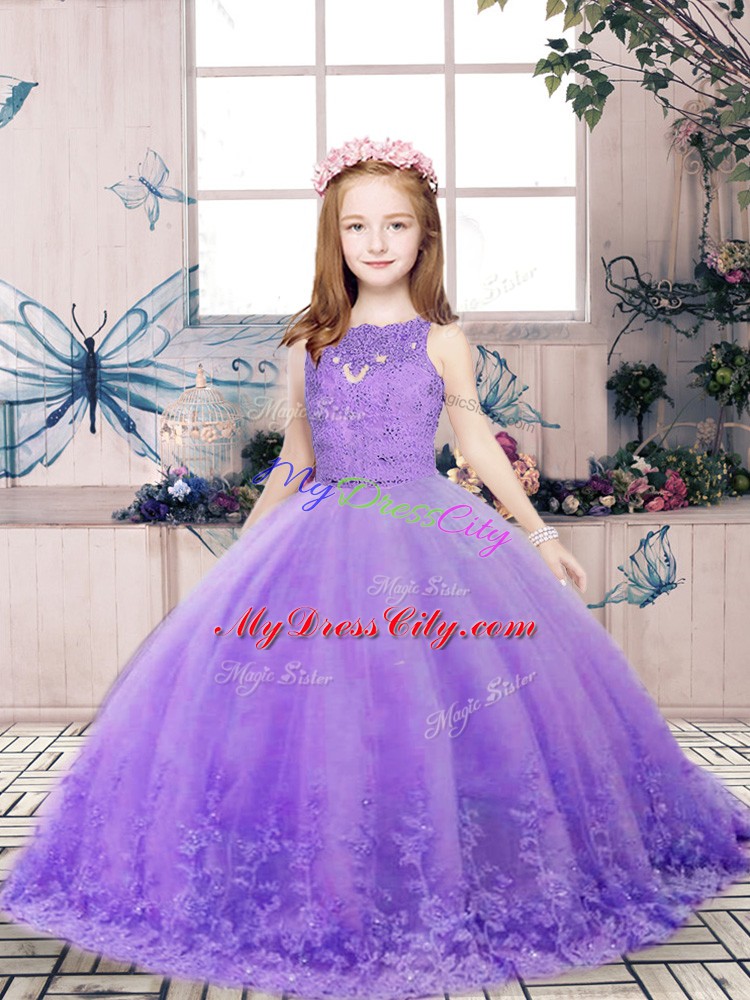 Floor Length Lavender Little Girls Pageant Gowns Scoop Sleeveless Backless