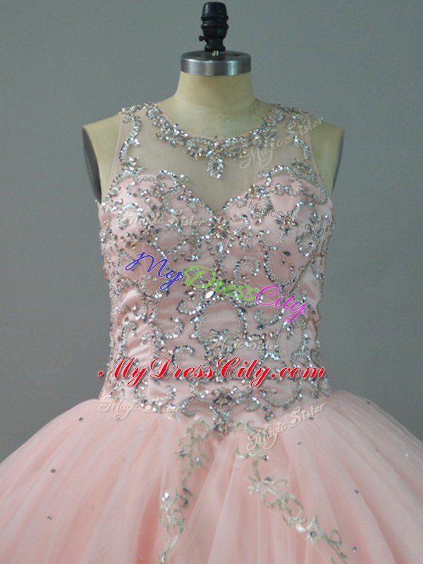 Top Selling Peach Ball Gowns Scoop Sleeveless Tulle Lace Up Beading Quinceanera Gown
