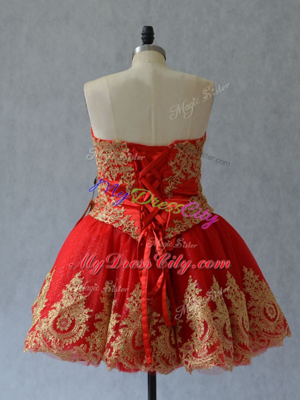 Sleeveless Tulle Mini Length Lace Up Homecoming Dress in Red with Appliques and Embroidery
