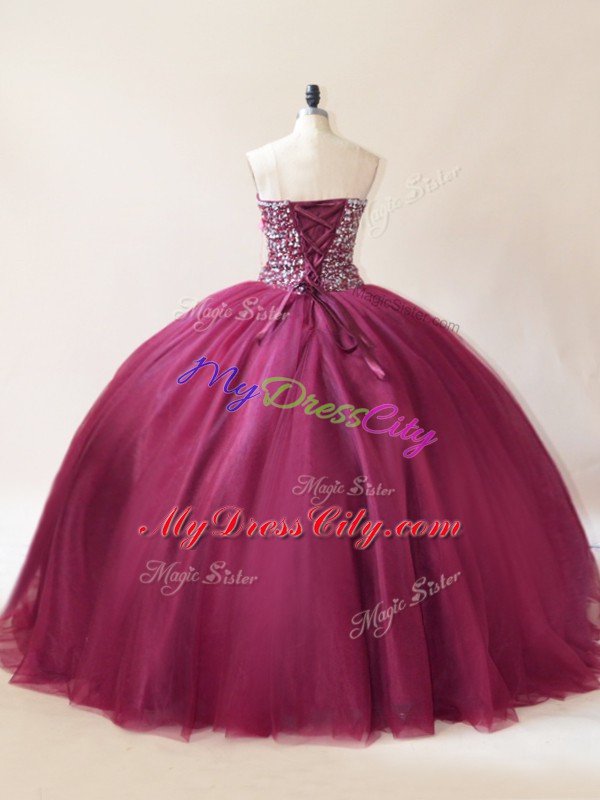 Ball Gowns Quinceanera Dresses Burgundy Sweetheart Tulle Sleeveless Floor Length Lace Up