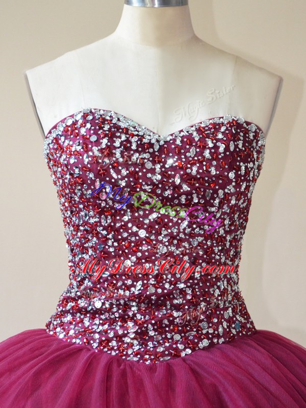 Ball Gowns Quinceanera Dresses Burgundy Sweetheart Tulle Sleeveless Floor Length Lace Up