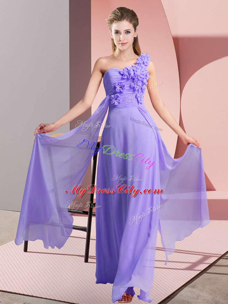 Lavender Sleeveless Floor Length Hand Made Flower Lace Up Wedding Guest Dresses