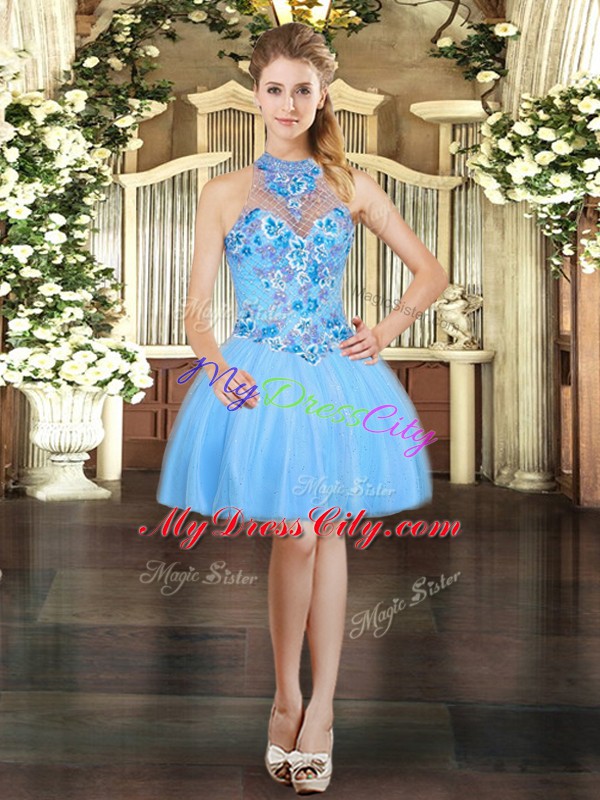 Dazzling Sleeveless Mini Length Embroidery Lace Up Prom Evening Gown with Aqua Blue