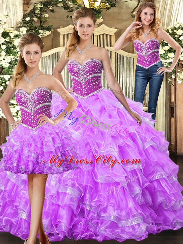 Exceptional Sleeveless Floor Length Beading and Ruffles Lace Up Sweet 16 Dress with Lilac