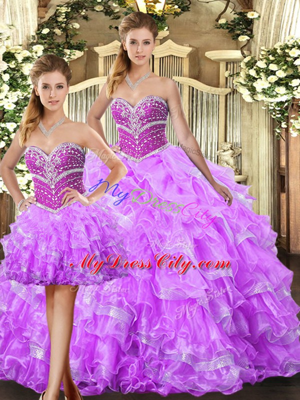 Exceptional Sleeveless Floor Length Beading and Ruffles Lace Up Sweet 16 Dress with Lilac