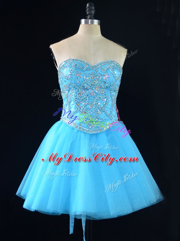 Flare Mini Length Aqua Blue Prom Party Dress Sweetheart Sleeveless Lace Up