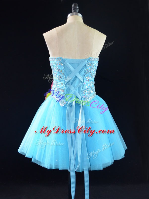 Flare Mini Length Aqua Blue Prom Party Dress Sweetheart Sleeveless Lace Up
