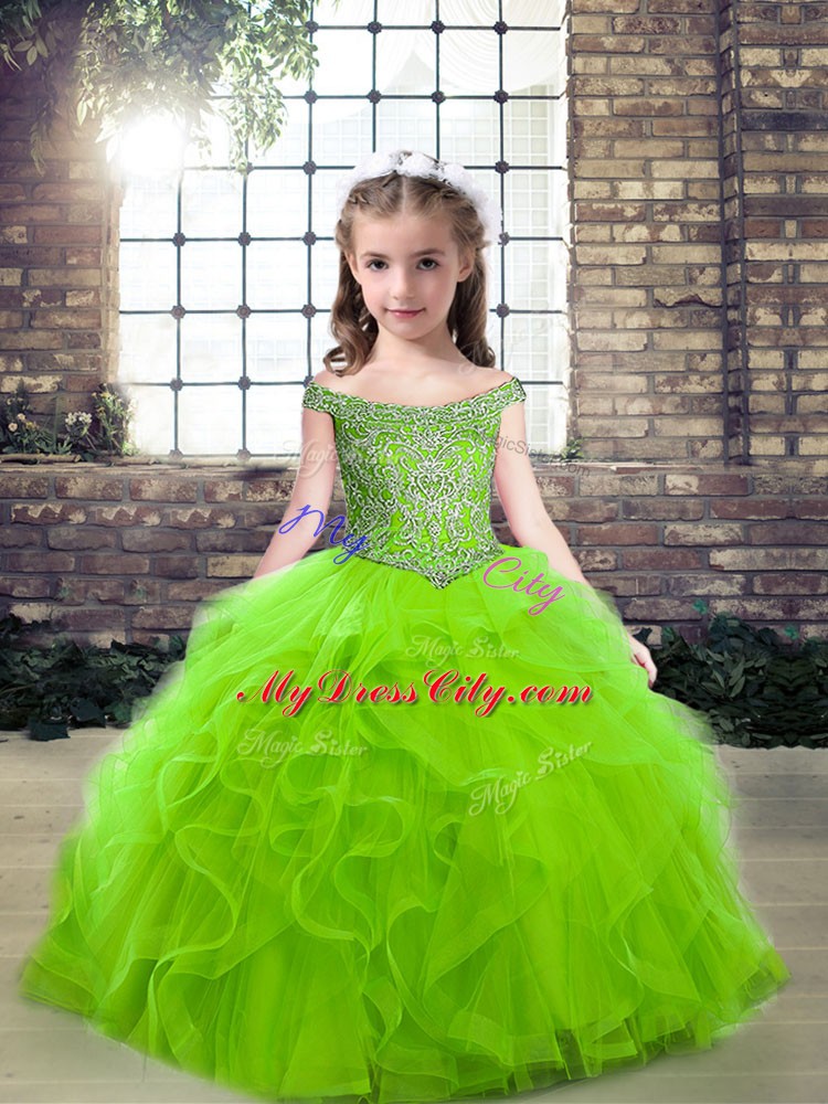 Sleeveless Tulle Floor Length Zipper Little Girls Pageant Dress Wholesale in with Beading and Ruffles