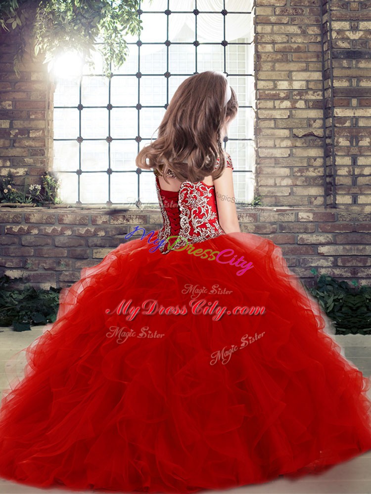 Sleeveless Tulle Floor Length Zipper Little Girls Pageant Dress Wholesale in with Beading and Ruffles