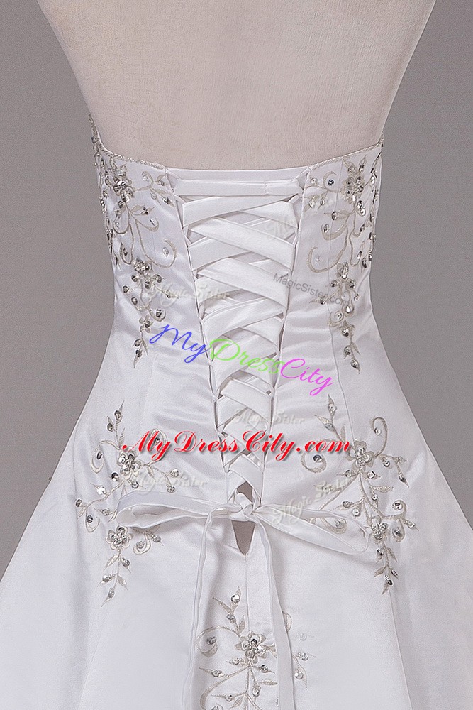 Sleeveless Beading Lace Up Bridal Gown with White Brush Train