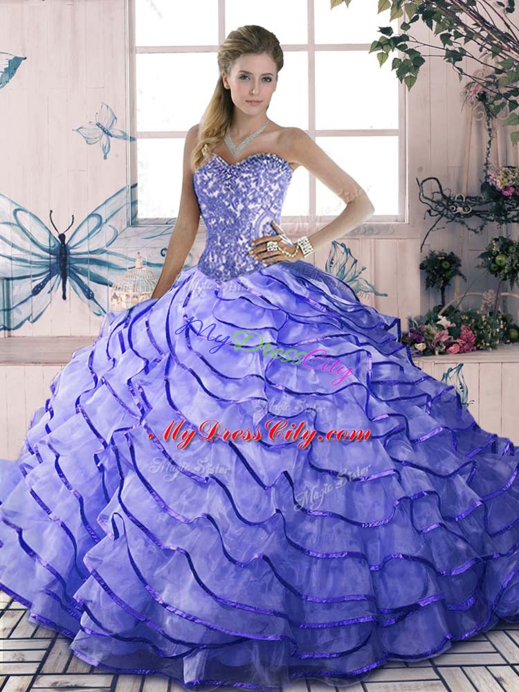 Sleeveless Beading and Ruffled Layers Lace Up Quinceanera Gown with Lavender Brush Train