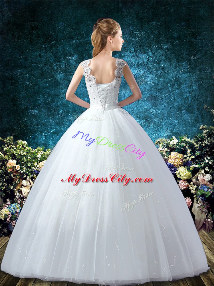 Custom Fit Ball Gowns Wedding Gown White Scoop Tulle Sleeveless Floor Length Lace Up