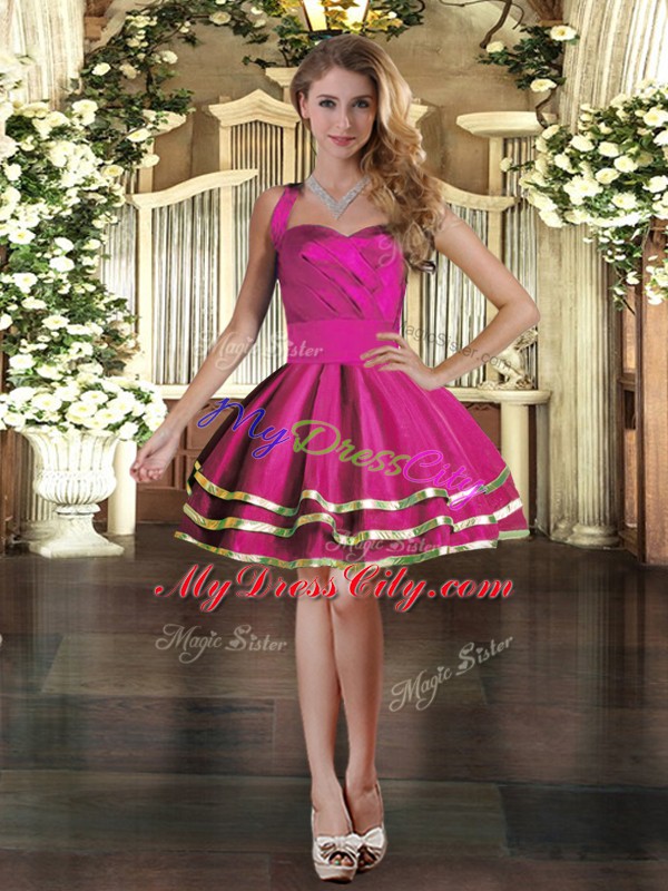 Strapless Sleeveless Lace Up Prom Dresses Fuchsia Tulle