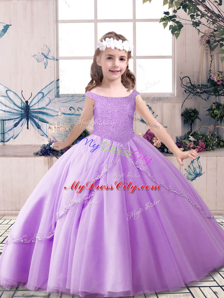 Superior Lavender Off The Shoulder Neckline Beading Girls Pageant Dresses Sleeveless Lace Up