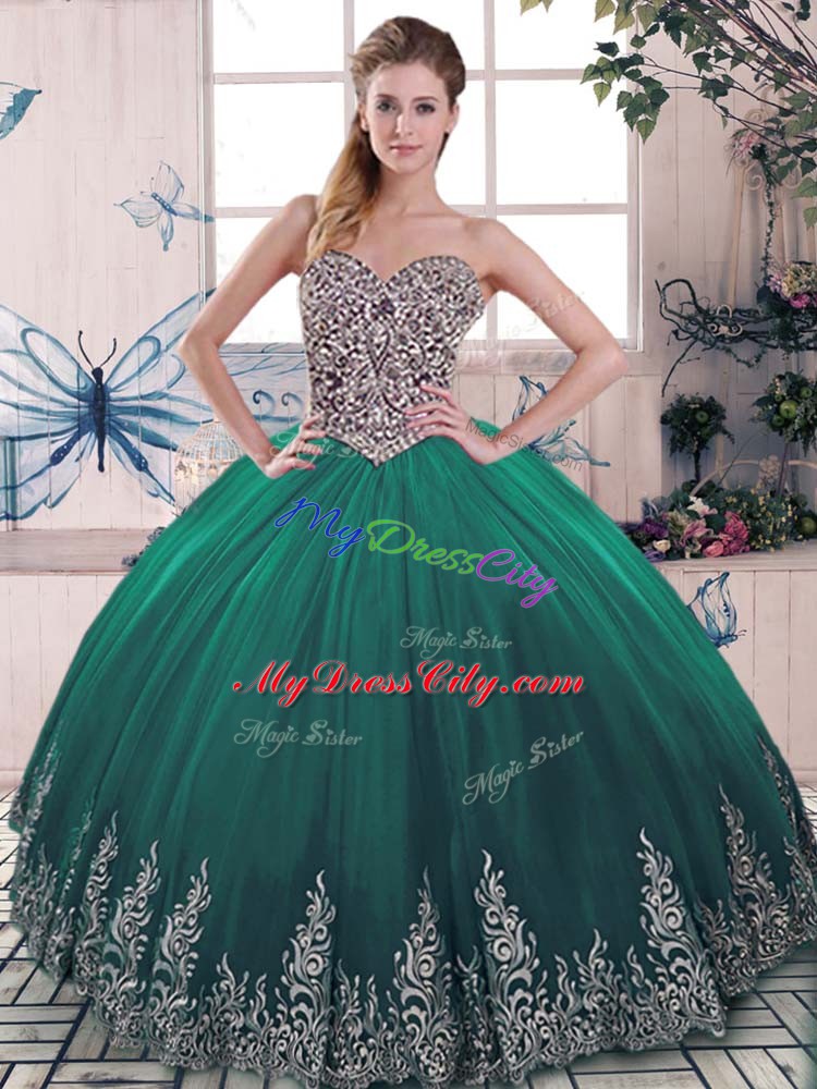 Glamorous Green Quince Ball Gowns Tulle Sleeveless Beading and Embroidery