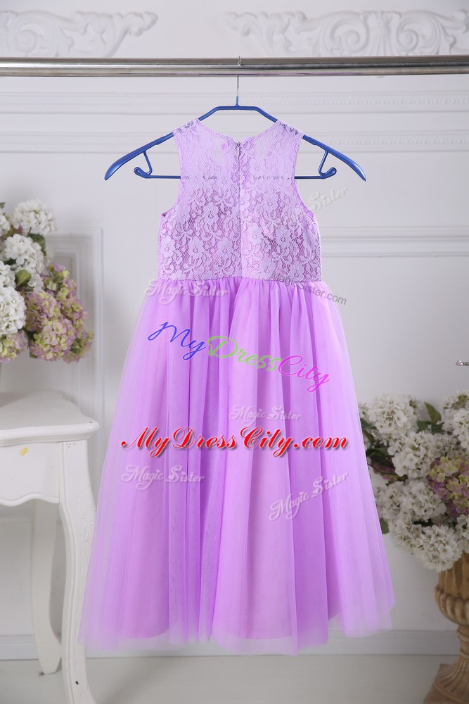 Lavender Scoop Neckline Lace Flower Girl Dresses Sleeveless Zipper