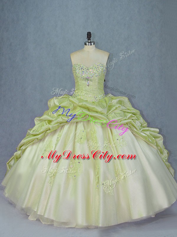 Yellow Green Lace Up Quinceanera Gowns Beading and Appliques Sleeveless Brush Train