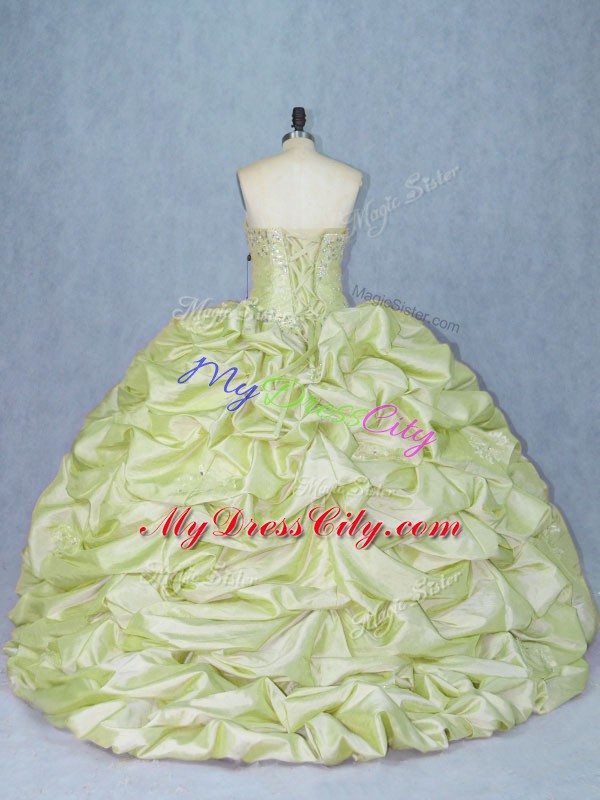 Yellow Green Lace Up Quinceanera Gowns Beading and Appliques Sleeveless Brush Train