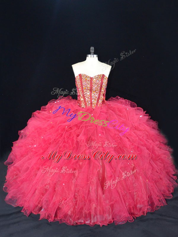 New Arrival Tulle Sweetheart Sleeveless Lace Up Beading and Ruffles Quinceanera Dresses in Coral Red