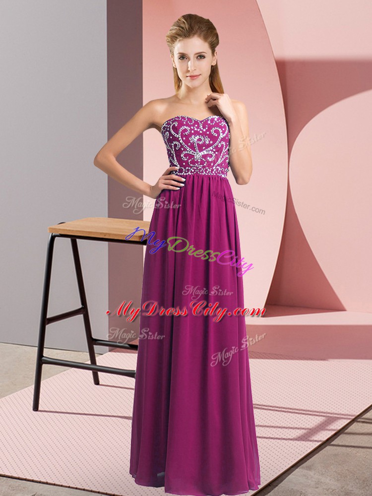 Floor Length Lace Up Evening Dress Fuchsia for Prom and Party with Beading
