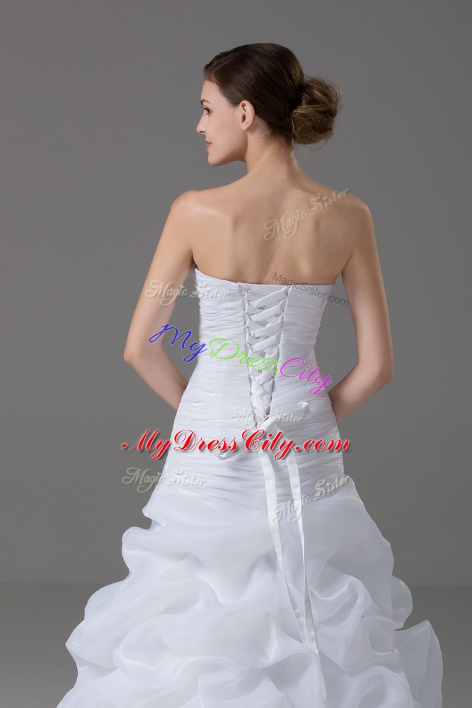 Suitable Brush Train A-line Wedding Gowns White Strapless Organza Sleeveless Lace Up
