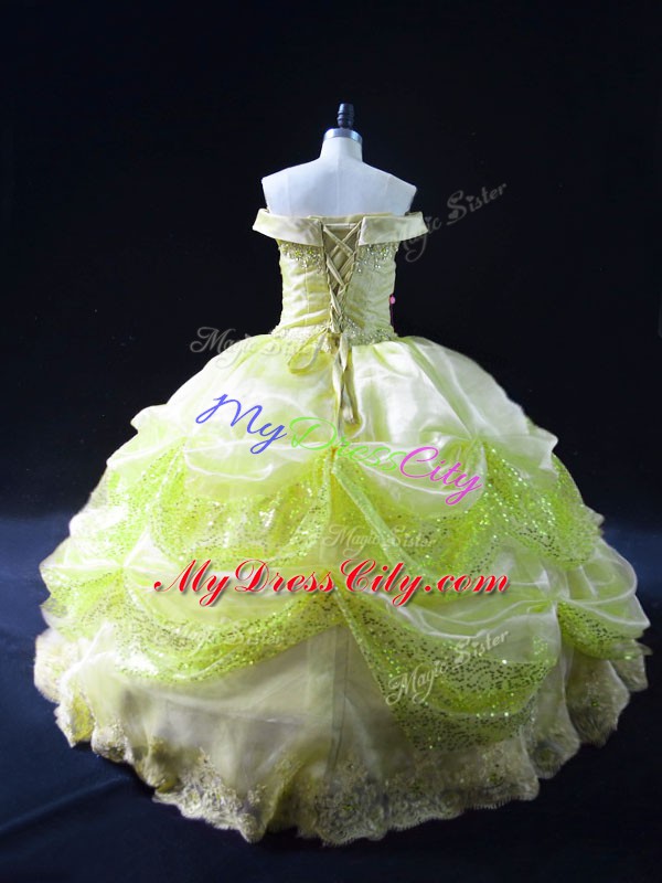 Yellow Green Lace Up Quinceanera Gowns Lace and Sequins Sleeveless Floor Length